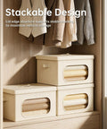 Large Cotton Linen Storage Bins With Lids 2 Pack Closet Organizer stacked on shelf showcasing breathable design and visible contents.