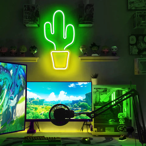 Yellow And Green Cactus Neon Light For Bedroom USB Powered LED Sign With Switch Fun Bright Wall Decor For Dorm Gaming Room