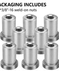 Eight Piece 3/8 Inch 16 Long Thread Stepped Weld On Nuts For Heavy Duty Chassis Tab Mounting Dead Simple Drop In Fit Garage Grade Precision Machined High Strength Steel Retail Pack displayed in a group.