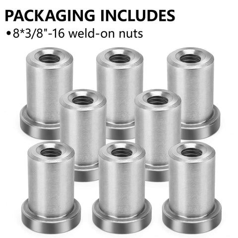 Eight Piece 3/8 Inch 16 Long Thread Stepped Weld On Nuts For Heavy Duty Chassis Tab Mounting Dead Simple Drop In Fit Garage Grade Precision Machined High Strength Steel Retail Pack displayed in a group.
