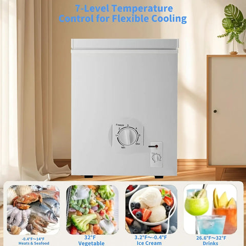 Kick Back And Chill On This 3.2 Cubic Feet Chest Freezer With Rapid Cooling and a 7-level temperature control dial.