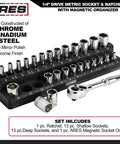 1/4-Inch Drive Metric Socket Set With 90-Tooth Ratchet And Magnetic Organizer, displayed with sockets and holder