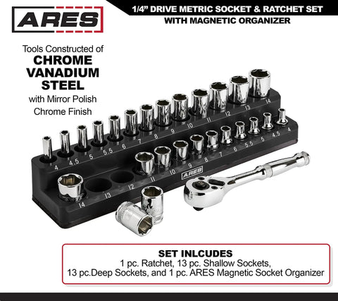 1/4-Inch Drive Metric Socket Set With 90-Tooth Ratchet And Magnetic Organizer, displayed with sockets and holder
