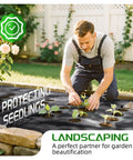 Person installing Heavy Duty Weed Barrier Fabric 4 Ft By 300 Ft Ground Cover For Garden And Lawn, protecting seedlings.