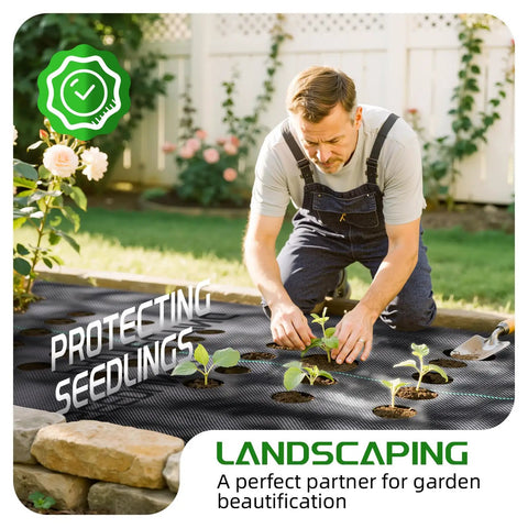 Person installing Heavy Duty Weed Barrier Fabric 4 Ft By 300 Ft Ground Cover For Garden And Lawn, protecting seedlings.