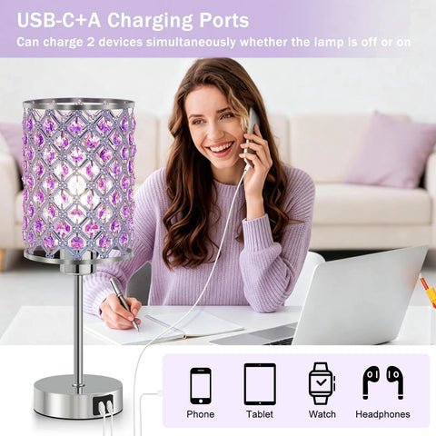 Touch Control Crystal Table Lamp Set Of 2 Black Nightstand Lamps With USB C And USB A Charging Ports Dimmable Bedside Decor Lamp