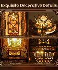 Close-up details of LED 3D Wood Puzzle Poker World Lamp With Music Box And DIY Craft Kit, highlighting ornate designs and decorations.