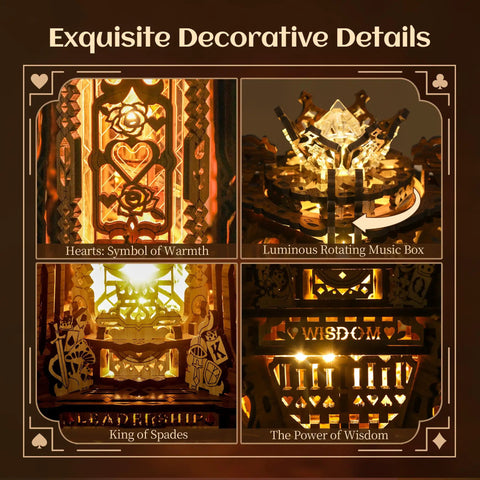 Close-up details of LED 3D Wood Puzzle Poker World Lamp With Music Box And DIY Craft Kit, highlighting ornate designs and decorations.