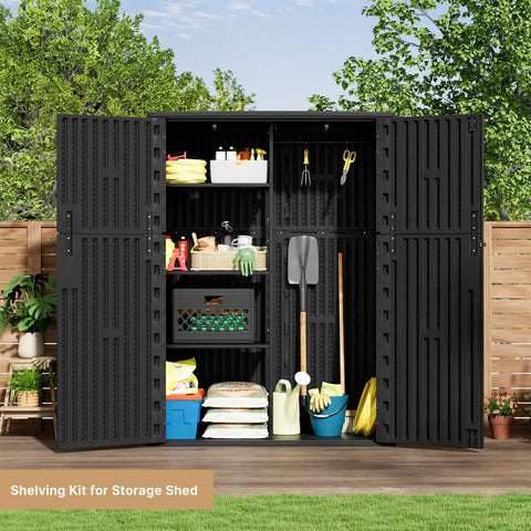 Outdoor Vertical Storage Shed 57 Cu Ft Waterproof Resin Cabinet For Garden Patio Backyard Lockable And Weather Resistant Storage Solution For Mowers Long Tools Patio Furniture And Pool Gear with open doors, shelves, tools, and supplies.