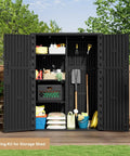 Weatherproof Resin Outdoor Storage Cabinet, 57 Cu Ft Vertical Shed for Patio, shown open with garden tools and supplies