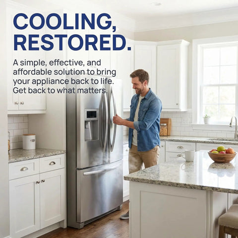 Man opening refrigerator in modern kitchen, showcasing PTC Starter Relay 1 Pin For Refrigerator Replacement Kit With 6750C-0005P Overload.