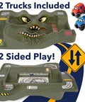 Monster City Extreme Wheels Race Track Table For Kids, Portable Two Sided Play Table With Cityscape And Off Road Tracks, Green Surface, Includes Two Monster Trucks, Made In USA