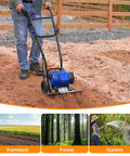 Using 46Cc Four Cycle Gas Powered Rototiller Cultivator With 16 Inch Heavy Duty Steel Tines for plowing in garden soil