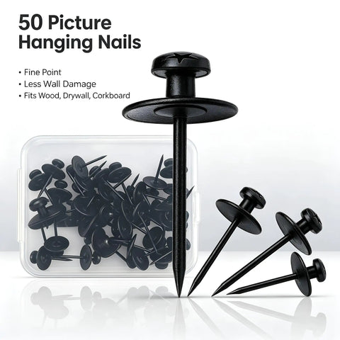 Sleek Double Headed Picture Hanging Nails For Drywall Renter Friendly Push Pins With Hand Protector Set Of 50 All Black Thumb Tacks in a clear container.