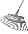 Close-up of Heavy Duty Wide Garden Leaf Rake With Adjustable Long Handle For Yard And Lawn Cleanup, showing 25 tines.