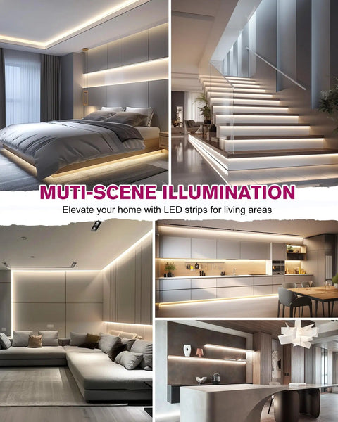 Modern interiors showcasing COB LED Strip Lights 25ft Neutral White 4000K High Density Tape for home ambience and shelving lighting.