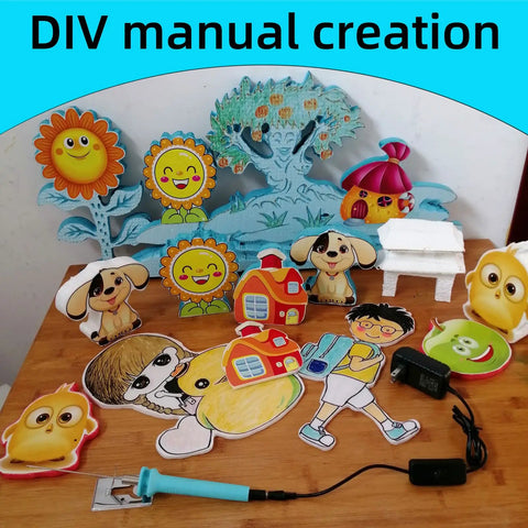 Electric Foam Cutting Tool Pen 10cm Hot Wire Cutter For Foam Craft And DIY Projects with colorful foam cutouts on a table