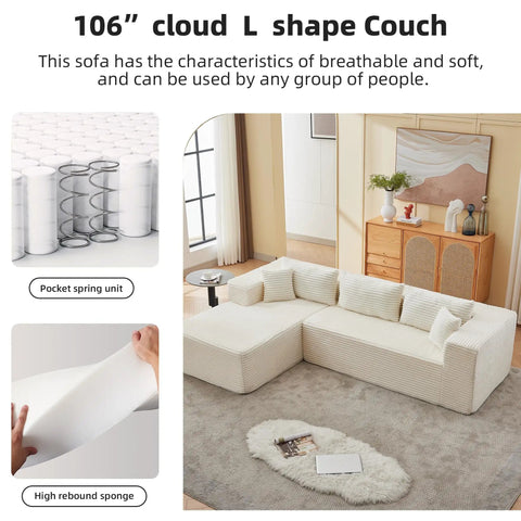 No Fuss 107 Inch Modular Sofa Set Of 2 With Left Facing Chaise, White Corduroy Fabric in modern living room scene