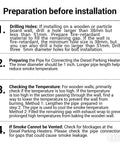 Installation instructions for diesel parking heater exhaust system, detailing steps for drilling, pipe preparation, and temperature checks.