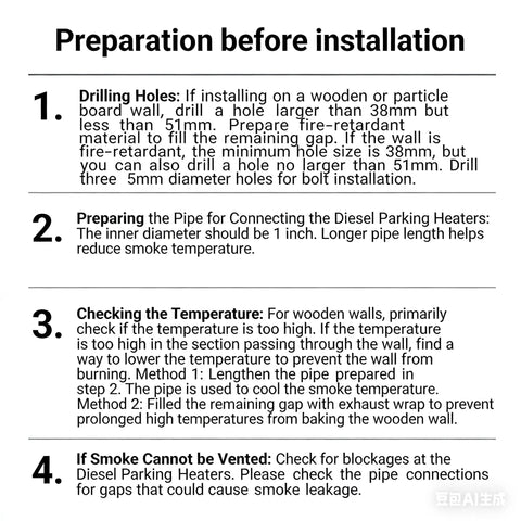 Installation instructions for diesel parking heater exhaust system, detailing steps for drilling, pipe preparation, and temperature checks.