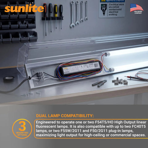 Versatile Multi Voltage Electronic Ballast For 120 To 277 Volts Input Lighting Setup For 1 To 2 Lamps Including F54T5HO FC40T5 And F55W 2G11 With Program Start For Instant Start And Quiet Operation UL Listed on workbench.