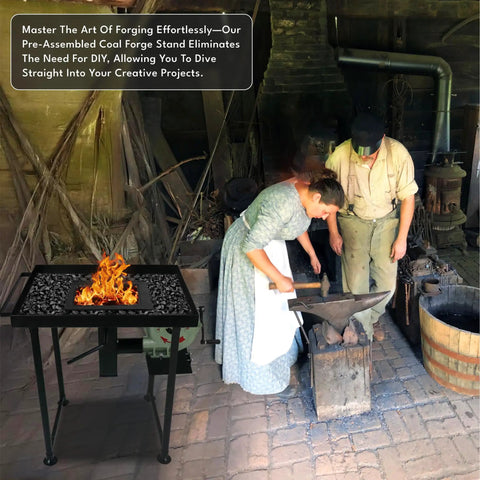 Beginner Friendly Coal Forge Stand With Fire Pot And Hand Blower Blacksmith Forge Starter Kit next to blacksmiths at work
