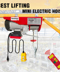 Electric hoist winch in red and gray with steel wire rope, hook, and yellow wireless remote plus wired pendant.