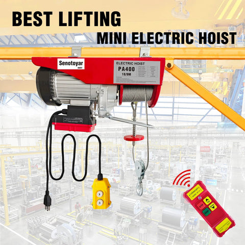 Electric hoist winch in red and gray with steel wire rope, hook, and yellow wireless remote plus wired pendant.