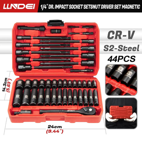 Your Go-To Quarter Inch Drive Socket And Nut Driver Set 44-Pc Kit With Deep And Shallow Metric Sockets, ratchet, tools displayed.