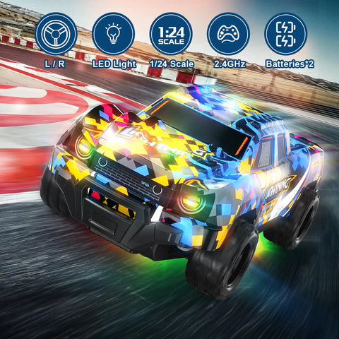 Remote Control Pickup RC Car 1 To 24 Scale with Light Up LED Effects racing on track with multicolor LED lights glowing.