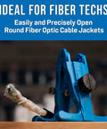 FOR-3000 Round Fiber Optic Cable Stripper in use, cutting cable jacket, durable blue tool for 9-19 mm diameter stripping.