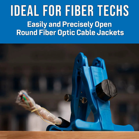 FOR-3000 Round Fiber Optic Cable Stripper in use, cutting cable jacket, durable blue tool for 9-19 mm diameter stripping.