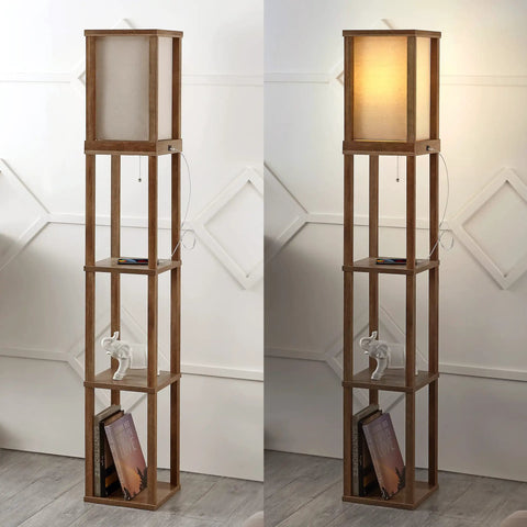 63.5 Inch Brown Wood Three Shelf Etagere Floor Lamp With USB Charging Port, rustic boho storage light, LED bulb included, on and off display