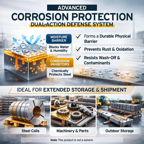 Advanced corrosion protection system for steel coils, machinery parts, and outdoor storage emphasizing rust prevention.