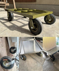 Four Pack Heavy Duty Furniture Casters Built Damn Tough With Pneumatic Rubber Tires on cart, ideal for heavy loads on smooth surfaces.