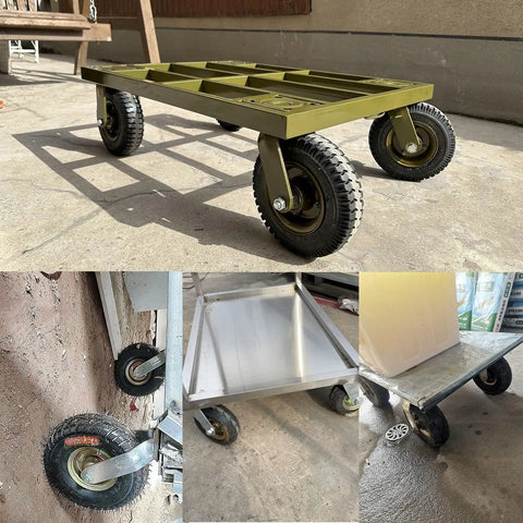 Four Pack Heavy Duty Furniture Casters Built Damn Tough With Pneumatic Rubber Tires on cart, ideal for heavy loads on smooth surfaces.