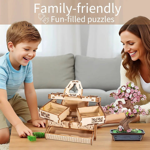 Family playing with 3D Wooden Puzzle Treasure Box With Moving Drawers And Mechanical Gears, wooden jewelry storage box on table