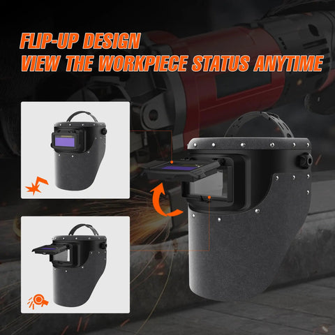 Leather Auto Darkening Welding Helmet With True Color Flip-Up Mask, 2x4 1/4 Variable Shade 4/9-13 in action, cap lifted