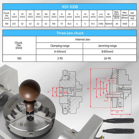 Rock Solid Cnc 5 Axis Rotary Table With 100mm Three Jaw Chuck, detailed technical specifications and dimensions shown.