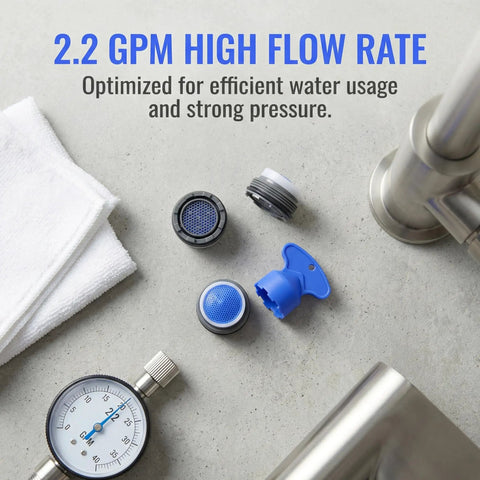 Two Pack Faucet Aerator Replacement For RP53998 Comes With Removal Wrench M21.5 Thread And 2.2 Gpm Water Flow Control, components on surface.