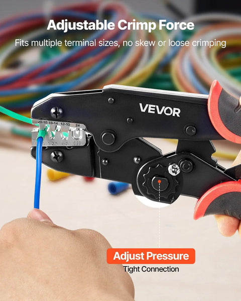Ratcheting Wire Crimpers For 10 To 24 Awg Cables Featuring No Sweat Jaws And Clearly Labeled Metric Gauge Scales For Hassle Free Electrical Terminal Crimping Plus Quick Release Adjustment For Top Shelf Automotive Builds adjusting crimp force on multi-terminal sizes.