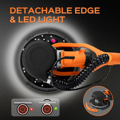 Close-up of All In One Drywall Sander With Extendable Handle And LED Light showing detachable edge and LED light feature.