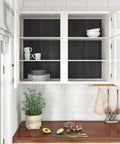 Dope Black Wood Look Countertop Contact Paper Self Adhesive for Kitchen Cabinets with open shelves and dishware