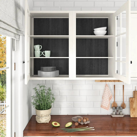 Dope Black Wood Look Countertop Contact Paper Self Adhesive for Kitchen Cabinets with open shelves and dishware