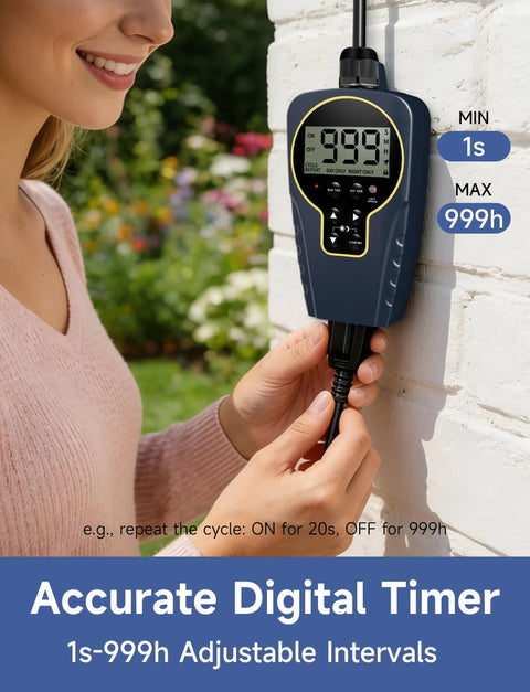 Outdoor Ready Countdown Timer Outlet With Flexible 1 Second To 999 Hour On Off Cycles Light Sensor Waterproof 15A Plug