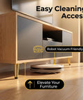 Heavy Duty 4 Inch Furniture Legs Set of 4 in Satin Gold with Industrial Steel Build on TV stand with robot vacuum underneath