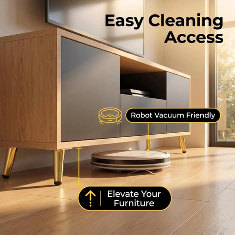 Heavy Duty 4 Inch Furniture Legs Set of 4 in Satin Gold with Industrial Steel Build on TV stand with robot vacuum underneath