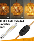 Plug In Pendant Light With Handmade Bamboo Lampshade Boho Rustic Chandelier with dimmable switch and T30 LED bulb included
