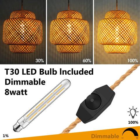 Plug In Pendant Light With Handmade Bamboo Lampshade Boho Rustic Chandelier with dimmable switch and T30 LED bulb included