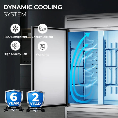 Heavy Duty Three Door Commercial Refrigerator Seventy Two Cubic Feet Stainless Steel Reach In Upright Fridge showing dynamic cooling system and R290 refrigerant.